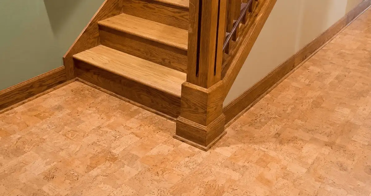 End of a staircase with cork flooring in Stockton, CA