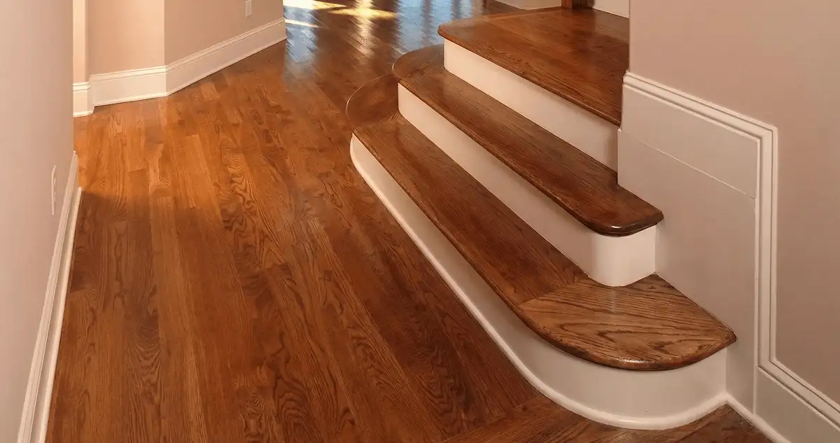 Base floor of a staircase with professionally restored wood flooring in Stockton CA