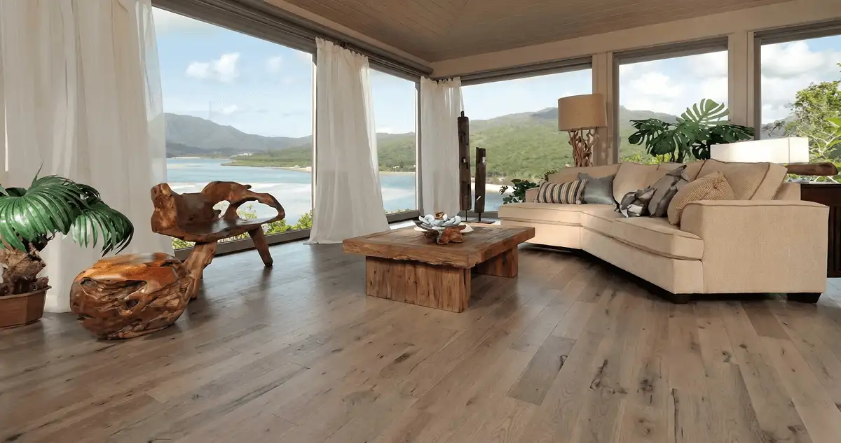 Professionally installed vinyl flooring in a modern living room with large windows in Stockton, CA